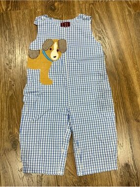 Lil Cactus Blue Gingham Overalls with Puppy Appliqué Size 18-24 months